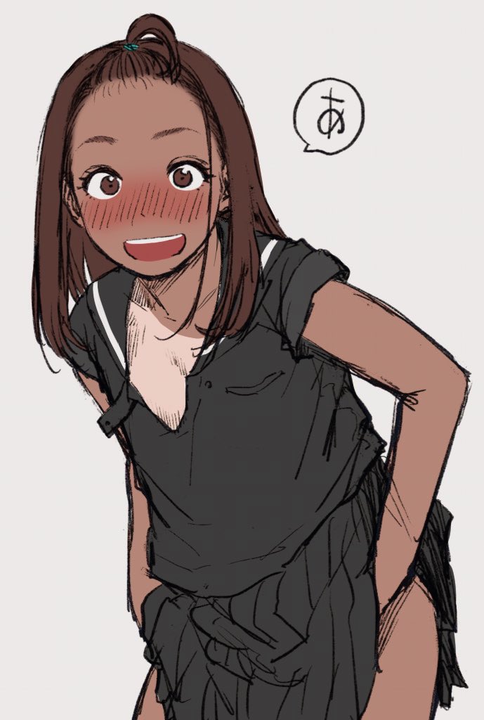 1girl :d black_serafuku black_shirt blush breast_pocket brown_eyes brown_hair clothes_lift commentary_request cowboy_shot dark-skinned_female dark_skin embarrassed hair_pulled_back hair_tie kuzukago_(bitchmaker) leaning_forward lifting_own_clothes long_hair looking_at_viewer open_mouth original pleated_skirt pocket rana_(kuzukago) sailor_collar sailor_shirt school_uniform serafuku shirt skirt skirt_lift smile solo speech_bubble standing surprised tan tanline topknot unbuttoned unbuttoned_shirt undressing wide-eyed