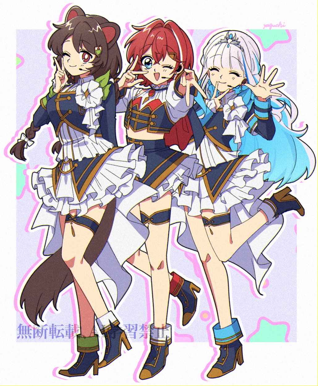 3girls ange_katrina animal_ears arm_behind_back armband artist_name asymmetrical_footwear between_legs blue_armband blue_boots blue_capelet blue_eyes blue_hair blue_jacket blue_shirt blue_skirt blue_sleeve_cuffs boots border bow braid breasts bright_pupils brown_hair brown_tail capelet closed_eyes closed_mouth collared_shirt colored_inner_hair commentary_request cropped_jacket crossed_bangs cup_hair_ornament dog_ears dog_girl dog_tail drop_shadow earrings feather_earrings feathers flat_chest fold-over_boots frilled_shirt frilled_skirt frills gold_trim green_sleeve_cuffs gyaru_v hair_bow hair_intakes hair_ornament hand_up hands_up headset high_heel_boots high_heels highres idol_clothes inui_toko inward_v jacket jewelry layered_shirt layered_skirt leg_up lize_helesta long_hair long_sleeves looking_at_viewer low_twin_braids medium_breasts midriff miniskirt multicolored_hair multiple_girls nijisanji nijisanji_idol_uniform one_eye_closed open_mouth outline outside_border purple_background red_capelet red_eyes red_hair sanbaka_(nijisanji) shirt short_hair sidelocks silver_tiara skirt sleeve_cuffs small_breasts smile spread_fingers standing standing_on_one_leg star_(symbol) star_symbol_background streaked_hair style_request tail tail_between_legs thigh_strap three_quarter_view tiara triangle_mouth twin_braids two-sided_capelet two-tone_hair v v_over_eye v_over_mouth very_long_hair virtual_youtuber watermark waving white_border white_bow white_hair white_outline white_pupils white_shirt white_skirt yaguyaguchii