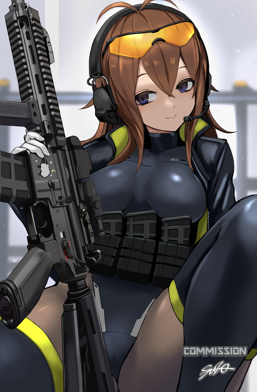 1girl ammunition_pouch assault_rifle black_jacket black_leotard black_thighhighs blurry blurry_background breasts brown_hair chest_rig closed_mouth commission crescent depth_of_field double-parted_bangs ear_protection eyewear_on_head feet_out_of_frame flip-up_sight foregrip gloves gun h&amp;k_hk416 hair_between_eyes headset highres holding holding_gun holding_weapon hybrid_sight jacket knee_up leotard long_hair looking_at_viewer magazine_(weapon) medium_breasts open_clothes open_jacket orange-tinted_eyewear original pouch purple_eyes rifle sheep skeb_commission smile solo sunao_(70_the) thank_you thighhighs tinted_eyewear translation_request two-sided_fabric two-sided_jacket two-tone_thighhighs unzipped vertical_foregrip weapon white_gloves yellow_jacket yellow_thighhighs