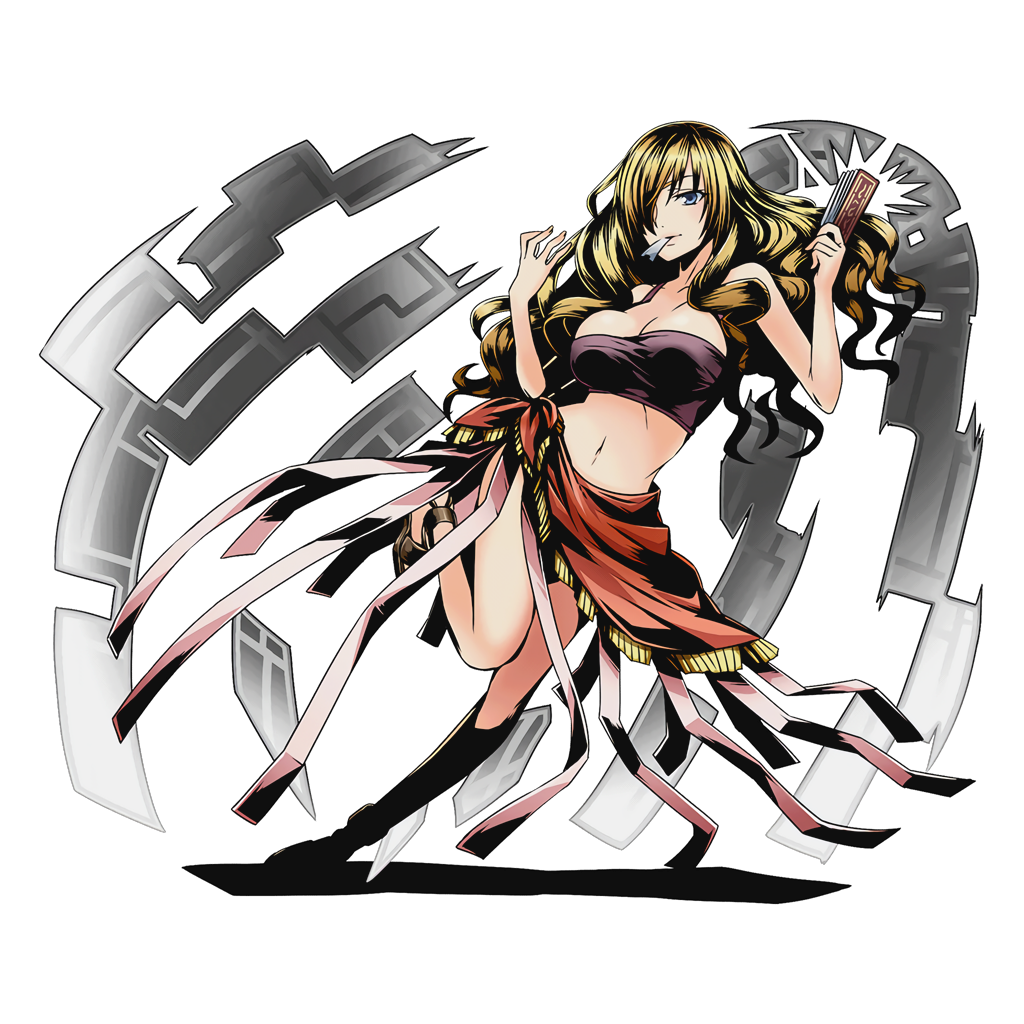 10s 1girl alpha_transparency black_bra blonde_hair bra breasts cleavage collarbone divine_gate female_focus floating_hair full_body grey_eyes hair_over_one_eye large_breasts leg_up long_hair midriff mouth_hold navel official_art oriana_thomason sarong shadow solo strapless strapless_bra toaru_majutsu_no_index transparent_background ucmm underwear