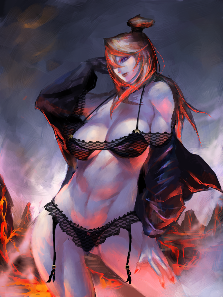 1girl black_bra black_panties bra breasts garter_belt garter_straps hair_over_one_eye homex large_breasts lingerie long_hair naruto naruto_(series) panties purple_eyes red_hair solo terumi_mei underwear