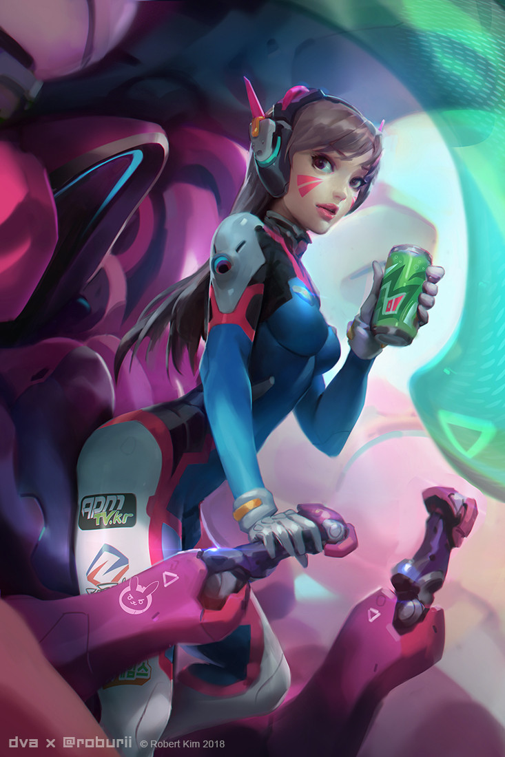 1girl acronym animal_print artist_name ass blue_bodysuit bodysuit breasts brown_eyes brown_hair can cowboy_shot d.va_(overwatch) dated drink drink_can english_text facepaint facial_mark gloves headphones holding holding_drink long_hair looking_to_the_side mecha_pilot_suit medium_breasts meka_(overwatch) mountain_dew multicolored_bodysuit multicolored_clothes open_mouth overwatch overwatch_1 pink_lips rabbit rabbit_print ribbed_bodysuit robert_kim shoulder_pads simple_background skin_tight soda soda_can solo standing swept_bangs whisker_markings white_gloves