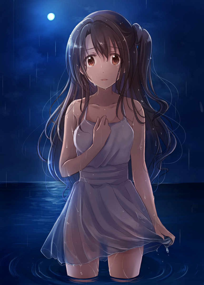 10s 1girl brown_eyes brown_hair dress dress_tug female_focus highres idolmaster idolmaster_cinderella_girls long_hair looking_at_viewer see-through_clothes serino_itsuki shimamura_uzuki shine!! side_ponytail skirt_hold solo wading wet wet_clothes wet_dress wet_hair