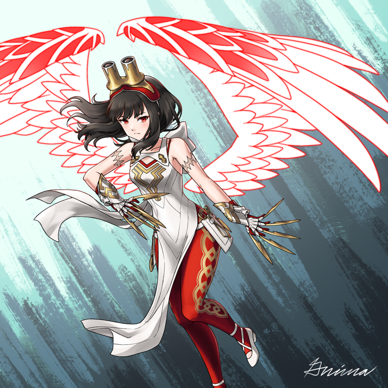 1girl bird_girl black_hair claws commission fire_emblem fire_emblem_heroes flight_goggles full_body gloves glowing glowing_wings grimaisbestwaifu hraesvelgr_(fire_emblem) ko-fi_commission leggings long_hair looking_at_viewer nintendo red_aura red_eyes red_gloves red_leggings red_trim red_wings simple_background solo white_footwear wings