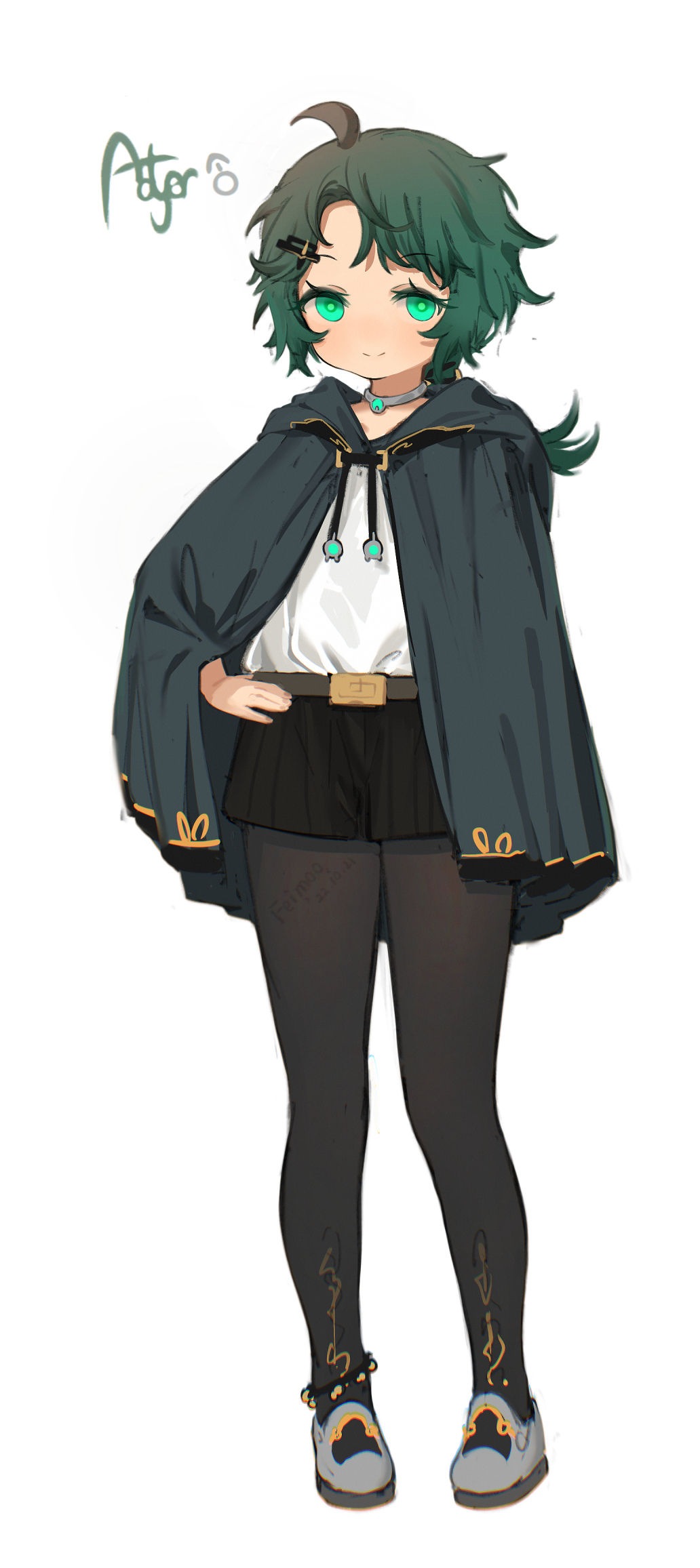 1boy ahoge black_pantyhose black_shorts cape commentary_request full_body green_eyes green_hair grey_footwear hand_on_own_hip highres koebushi_(mat) long_hair looking_at_viewer male_focus original pantyhose pantyhose_under_shorts shorts simple_background smile solo standing trap white_background