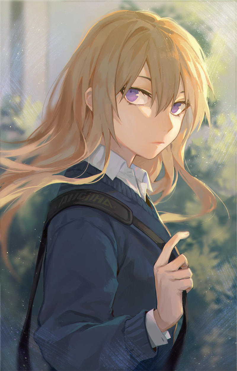 1girl 8c bad_id bad_pixiv_id bag blonde_hair blush closed_mouth collared_shirt duffel_bag female_focus highres long_hair looking_at_viewer original purple_eyes shirt solo upper_body