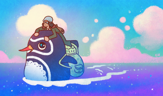 1boy bag bird closed_mouth cloud coat commentary curly_eyebrows full_body green_coat hat kuzan_(aokiji) looking_ahead ocean one_piece penguin pikaole profile shoulder_bag sky smile sunglasses