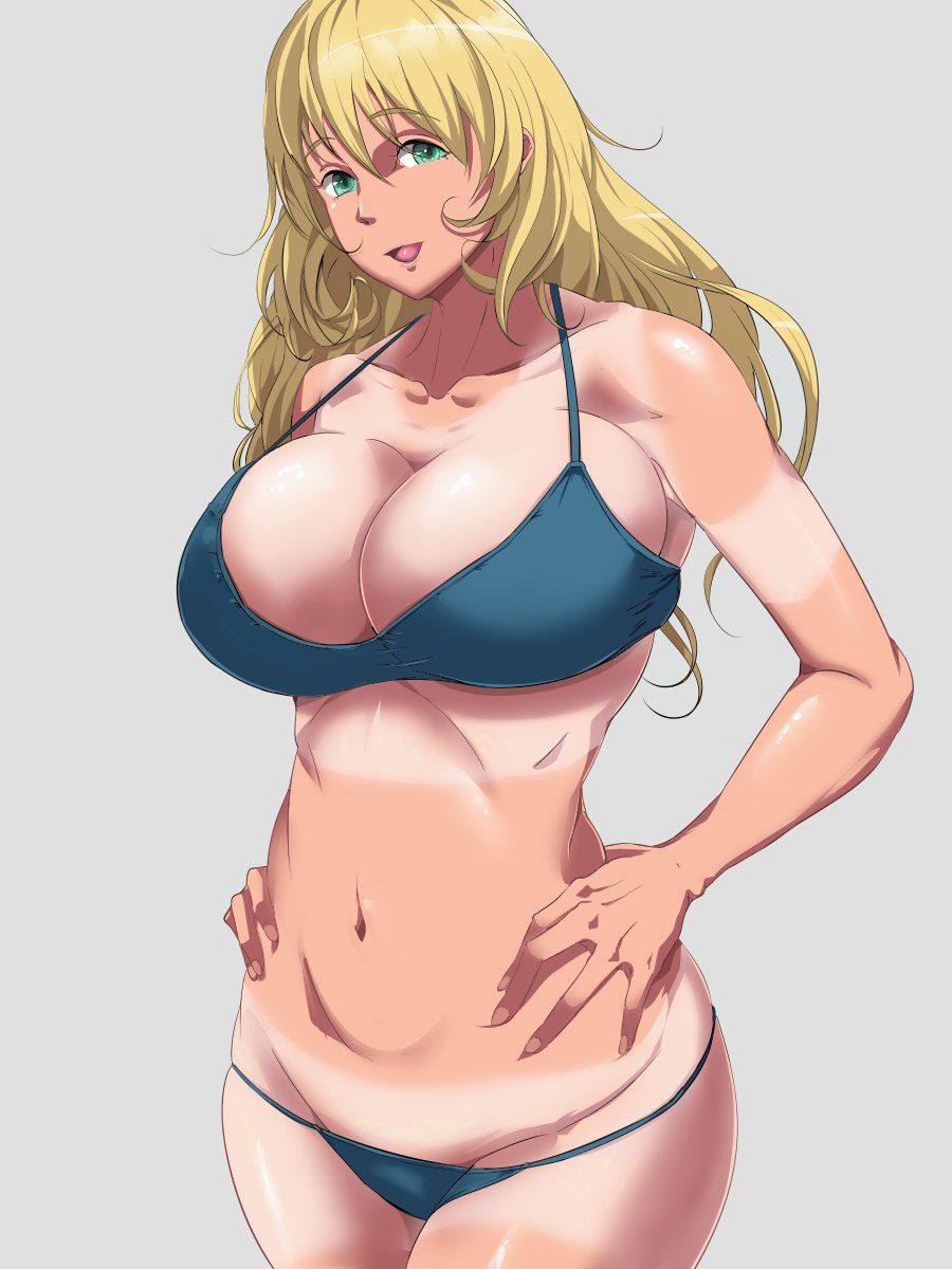 10s 1girl :d atago_(kancolle) blonde_hair breasts collarbone female_focus green_eyes hands_on_own_hips highres huge_breasts kantai_collection navel open_mouth simple_background smile solo tan tanline thick_thighs thighs tsubooi wide_hips