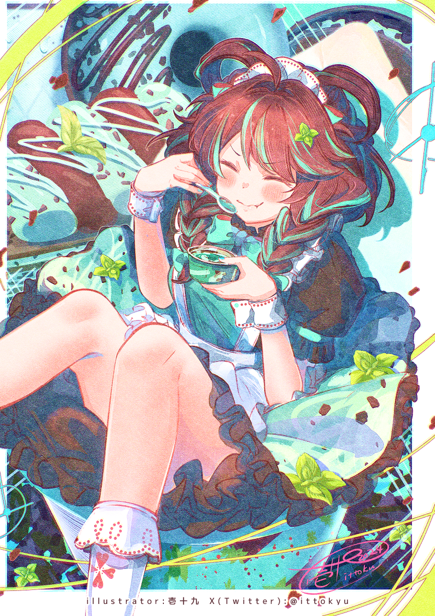 1girl ^_^ ahoge apron aqua_hair blush braid brown_hair brown_shirt closed_eyes closed_mouth commentary_request cup disposable_cup eating facing_viewer feet_out_of_frame frilled_apron frilled_skirt frills green_skirt hair_over_shoulder highres holding holding_cup holding_spoon ittokyu knees_together_feet_apart knees_up low_twintails mint_chocolate multicolored_hair original puffy_short_sleeves puffy_sleeves shirt short_sleeves skirt socks solo spoon streaked_hair twin_braids twintails waist_apron white_apron white_socks