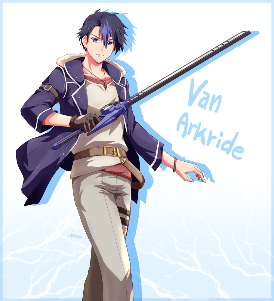 1boy artist_name black_hair blue_border blue_eyes border bracelet earrings eiyuu_densetsu english_text floating_clothes fur_trim hair_between_eyes holding holding_weapon jacket jewelry kai_no_kiseki kuro_no_kiseki_(series) male_focus multicolored_hair open_clothes open_jacket parted_bangs pendant shadow simple_background smile solo swept_bangs two-tone_hair van_arkride weapon white_background xiacheng_tatsuya