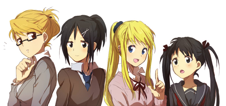 00s 4girls ^^^ alternate_costume alternate_hairstyle bad_id bad_pixiv_id bespectacled black_eyes black_hair blonde_hair blue_eyes brown_eyes contemporary folded_ponytail fullmetal_alchemist glasses hair_ornament hairpin index_finger_raised lan_fan may_chang multiple_girls ponytail riru riza_hawkeye school_uniform serafuku teacher teacher_and_student twintails winry_rockbell