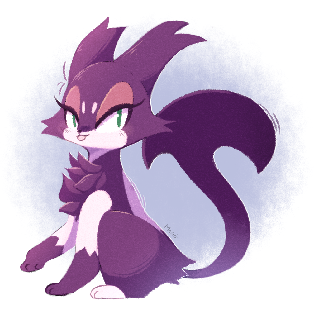 animal animal_focus blush creatures_(company) game_freak gen_5_pokemon green_eyes looking_to_the_side mero_(sundaero) nintendo no_humans pokemon pokemon_(creature) purple_fur purrloin smile solo tail tongue tongue_out