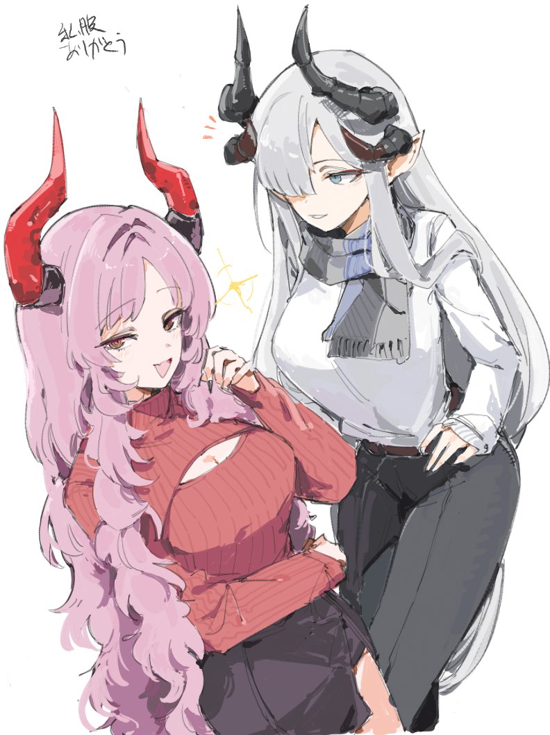 2girls arm_under_breasts black_pants black_skirt blue_archive blue_eyes demon_girl demon_horns hair_between_eyes hair_over_one_eye hand_in_own_hair hand_on_own_hip horns long_hair looking_at_another looking_at_viewer makoto_(blue_archive) maton_3110 multiple_girls open_mouth pants pink_hair plaid_clothes plaid_scarf red_sweater satsuki_(blue_archive) scarf shirt sidelocks skirt sweater turtleneck turtleneck_sweater white_hair white_shirt yellow_eyes