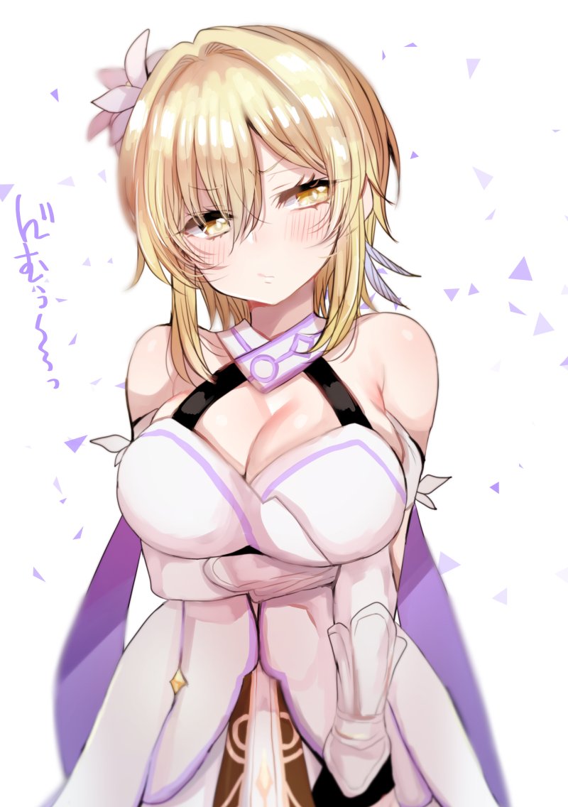 1girl arm_under_breasts black_gloves blonde_hair blush breasts cleavage closed_mouth commentary_request detached_sleeves dress eyelashes flower genshin_impact gloves hair_between_eyes hair_flower hair_ornament large_breasts looking_to_the_side lumine_(genshin_impact) mamemix partially_fingerless_gloves short_hair_with_long_locks simple_background solo white_dress white_flower yellow_eyes