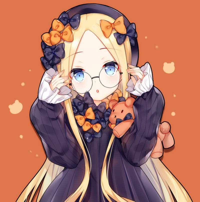 1girl :o abigail_williams_(fate) arms_up black-framed_eyewear black_bow black_dress black_hat blonde_hair blue_eyes blush bow bug butterfly commentary_request dress fate/grand_order fate_(series) female_focus fingernails forehead glasses hair_bow hat head_tilt insect long_hair long_sleeves looking_at_viewer orange_background orange_bow parted_bangs parted_lips polka_dot polka_dot_bow round_eyewear sleeves_past_wrists solo stuffed_animal stuffed_toy teddy_bear tengxiang_lingnai upper_body very_long_hair