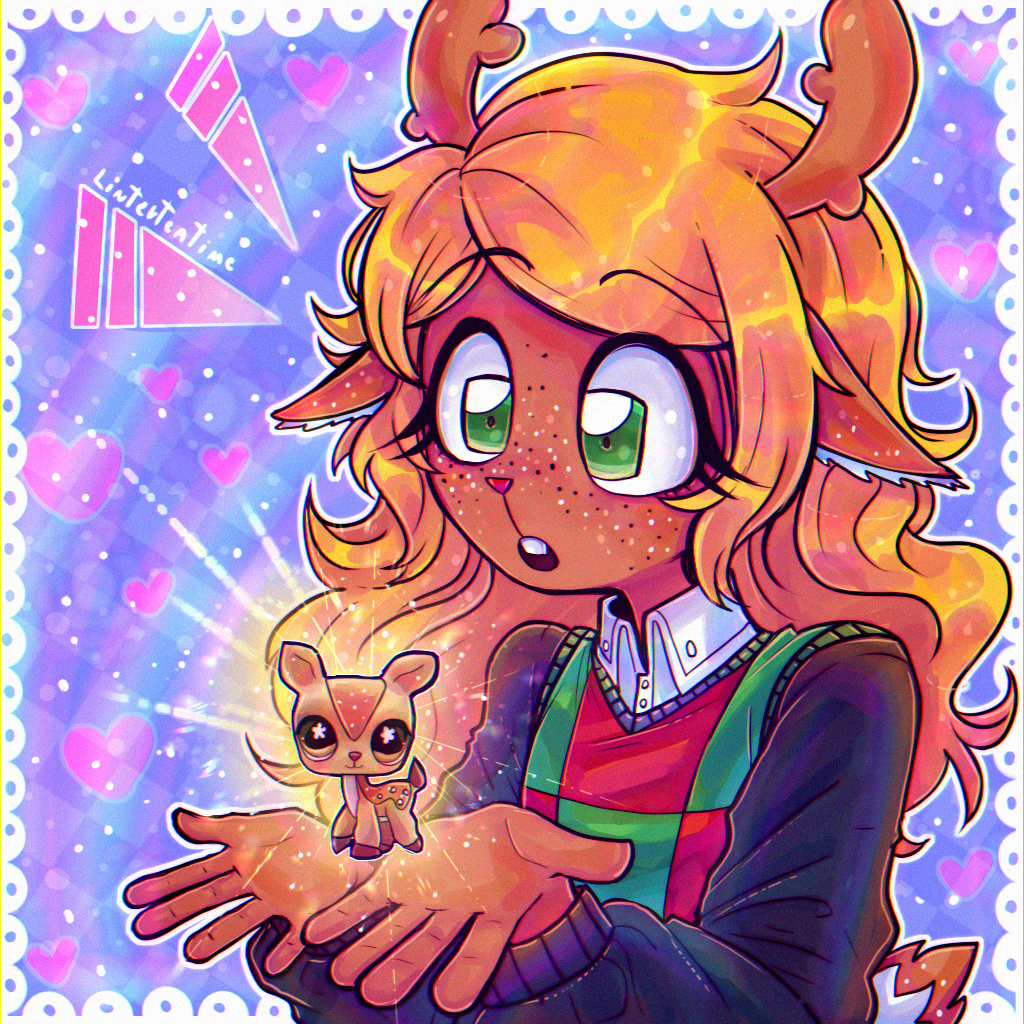 1girl animal_ears antlers blonde_hair buck_teeth colored_skin crossover deer deer_ears deer_girl deltarune freckles furry furry_female heart heart_background horns linterteatime littlest_pet_shop long_hair long_sleeves noelle_holiday reindeer_girl shirt simple_background teeth upper_body