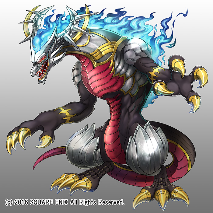 armor blue_fire blue_flame_dragon_(grimms_notes) claws copyright_notice dragon fangs fire full_body glowing glowing_eyes gradient_background grey_background grimms_notes michizuki monster no_humans official_art open_mouth red_eyes red_scales solo tail