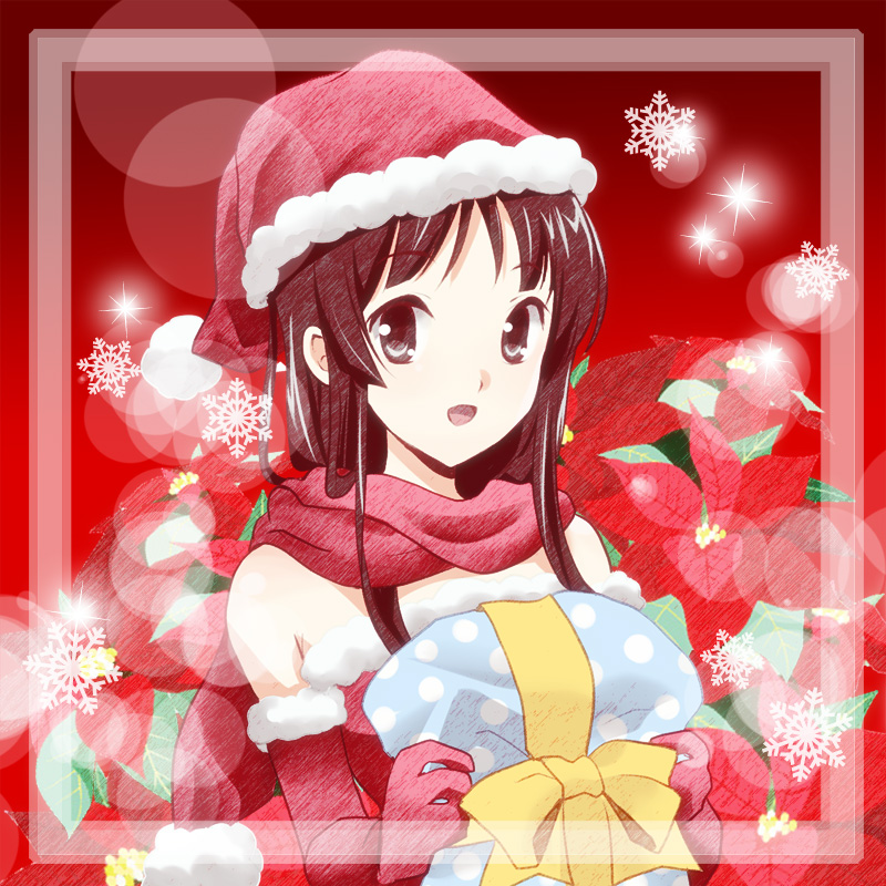 1girl akiyama_mio brown_eyes brown_hair dress elbow_gloves female_focus gift gloves hat k-on! long_hair santa_hat scarf sinko solo