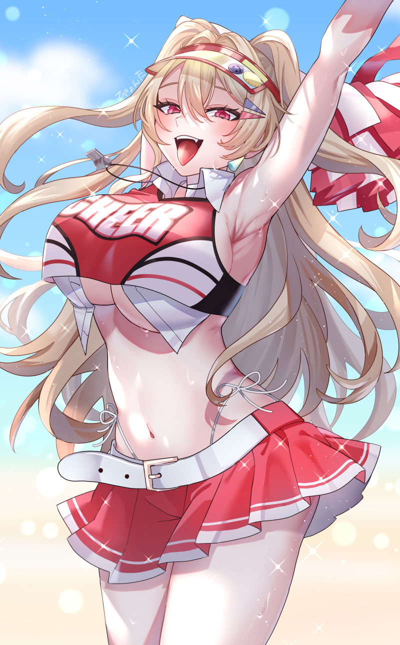 1girl armpits arms_up belt blonde_hair blush breasts cheerleader clay_(nikke) collar earrings goddess_of_victory:_nikke hair_between_eyes hair_ornament hairclip highleg highleg_panties highres holding holding_pom_poms jewelry long_hair looking_at_viewer panties panty_straps pom_pom_(cheerleading) pom_poms pyonta_(pyonta2) red_eyes red_skirt sharp_teeth skirt sleeveless solo sweat teeth tongue tongue_out two-tone_tank_top underboob underwear visor_cap whistle whistle_around_neck white_belt