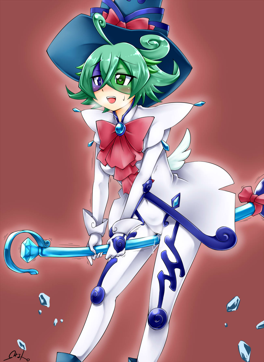 1girl blue_hat blush broom duel_monster female_focus female_masturbation gloves green_eyes green_hair hat heart heart-shaped_pupils heavy_breathing highres holding holding_broom masturbation matching_hair/eyes motion_lines navel omega_na_hito pussy_juice red_background red_ribbon ribbon smile solo symbol-shaped_pupils white_gloves windwitch_glass_bell wings witch witch_hat yu-gi-oh! yu-gi-oh!_duel_monsters