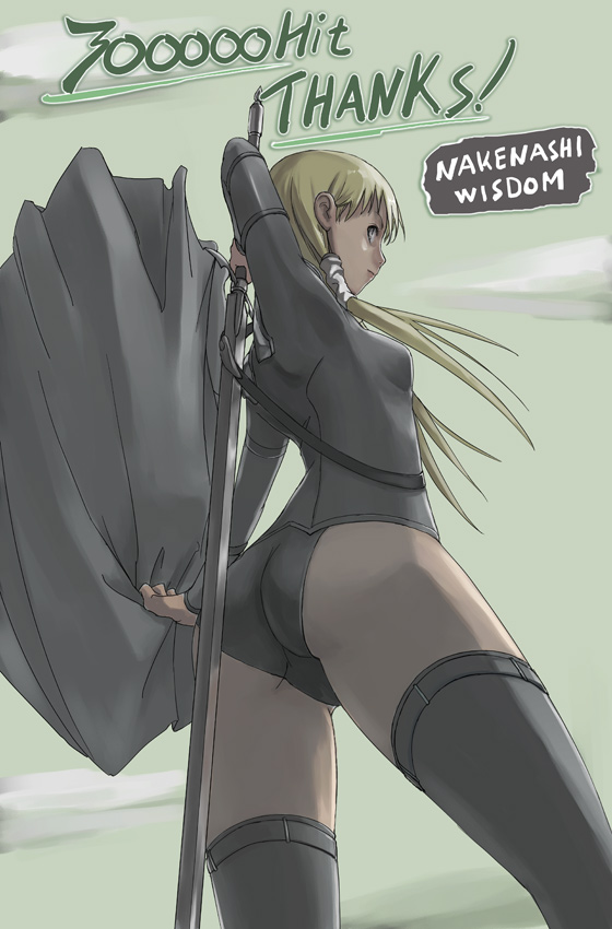 00s 1girl ass claymore_(series) claymore_(sword) cynthia_(claymore) female_focus milestone_celebration outdoors sky solo tea_(nakenashi) thighhighs