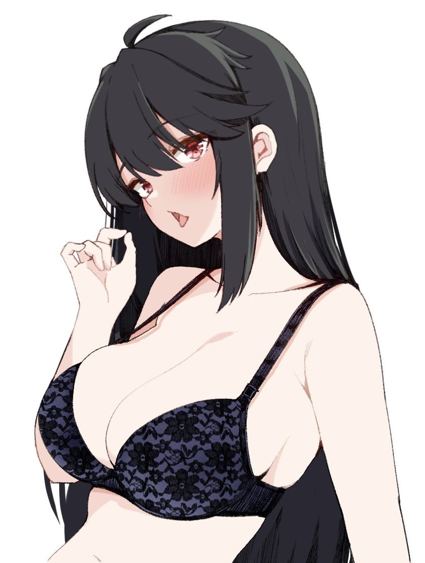 1girl ahoge bare_shoulders black_bra black_hair blush bra breasts cleavage collarbone colored_eyelashes commentary fellatio_gesture floral_print floral_print_bra hair_between_eyes hair_down hand_up hoshikawa_kaguya large_breasts lingerie long_hair looking_at_viewer open_mouth print_bra red_eyes sidelocks simple_background solo straight_hair tenshi_souzou_re-boot! tft_(tft7822) tongue tongue_out underwear underwear_only upper_body very_long_hair white_background