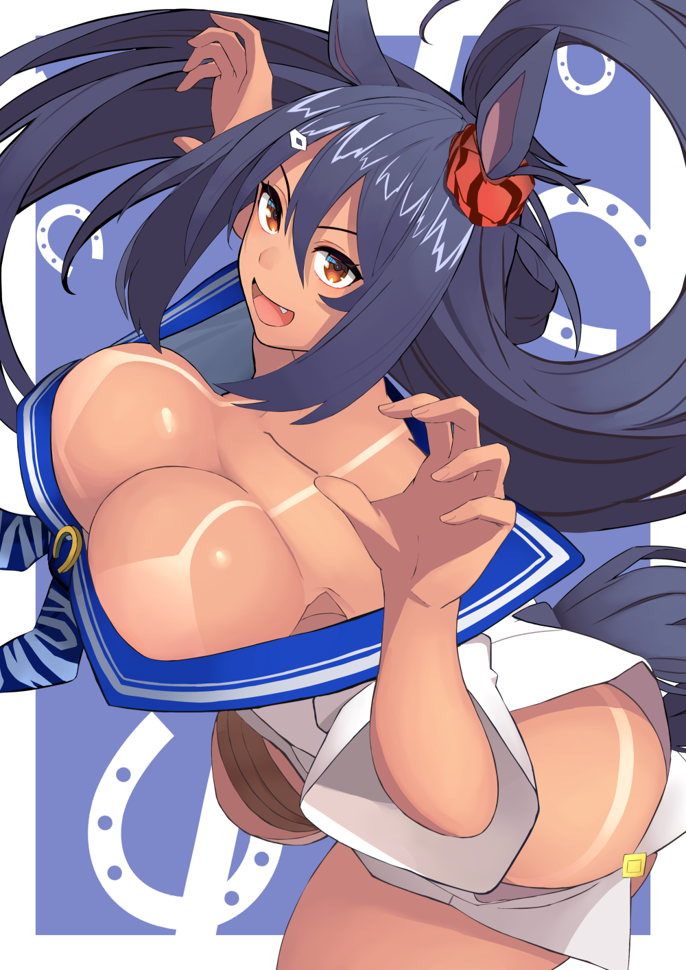 1girl :d animal_ears arm_up bikini_tan black_hair breasts brown_eyes claw_pose clothing_cutout dark-skinned_female dark_skin day dress fang hair_between_eyes hair_ornament hairclip highres hishi_amazon_(umamusume) horse_ears horse_girl horse_tail horseshoe_ornament horseshoe_print large_breasts long_hair no_bra no_panties off-shoulder_dress off_shoulder open_mouth outdoors reibun_(raven1119) scrunchie side_cutout sidelocks smile solo tail tan tanline umamusume very_long_hair white_dress