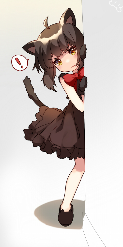 ! &gt;:| 1girl :| ahoge animal_ears around_corner bison_cangshu bow bowtie brown_dress brown_gloves brown_hair character_request closed_mouth dress female_focus frilled_dress frills gloves head_tilt looking_at_viewer peeking_out red_bow red_bowtie shoes short_dress short_hair sleeveless sleeveless_dress solo speech_bubble spoken_exclamation_mark tail v-shaped_eyebrows wavy_mouth yellow_eyes