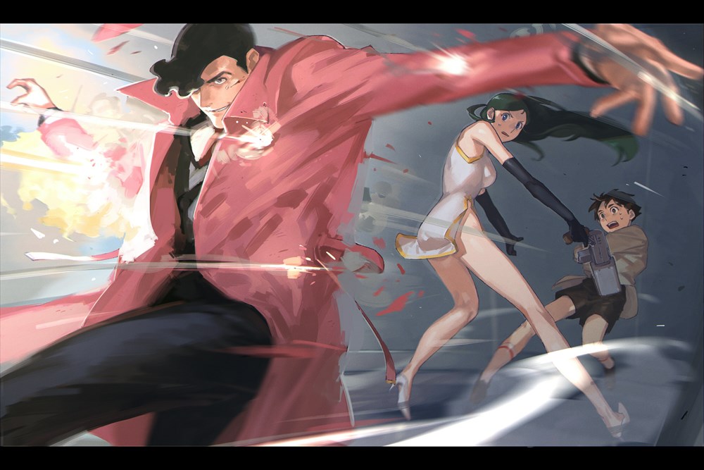 1girl black_hair breasts china_dress chinese_clothes dress elbow_gloves giant_robo ginrei_(giant_robo) gloves gun hamu_fukurou high_heels kusama_daisaku letterboxed long_hair multiple_boys murasame_kenji necktie open_mouth shorts smile weapon