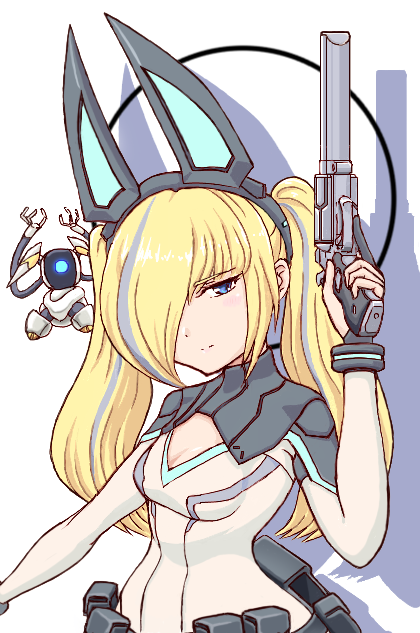 1girl blonde_hair blue_eyes breasts cleavage estab-life:_great_escacpe fake_horns feles_(estab-life) grey_hair gun hair_over_one_eye holding holding_gun holding_weapon horned_headwear horns long_hair multicolored_hair noah_noah robot shadow small_breasts streaked_hair twintails upper_body weapon