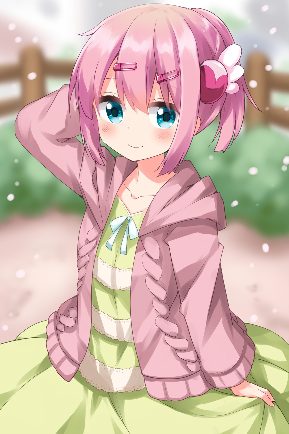 1girl arm_behind_back blue_eyes blunt_ends blunt_sidelocks blurry blurry_background blush chiyoda_momo closed_mouth collarbone commentary_request cowboy_shot dress green_dress hair_ornament hairclip highres hood hood_down hoodie long_sleeves looking_at_viewer machikado_mazoku open_clothes open_hoodie outdoors pink_hoodie ponytail ruu_(tksymkw) short_hair smile solo