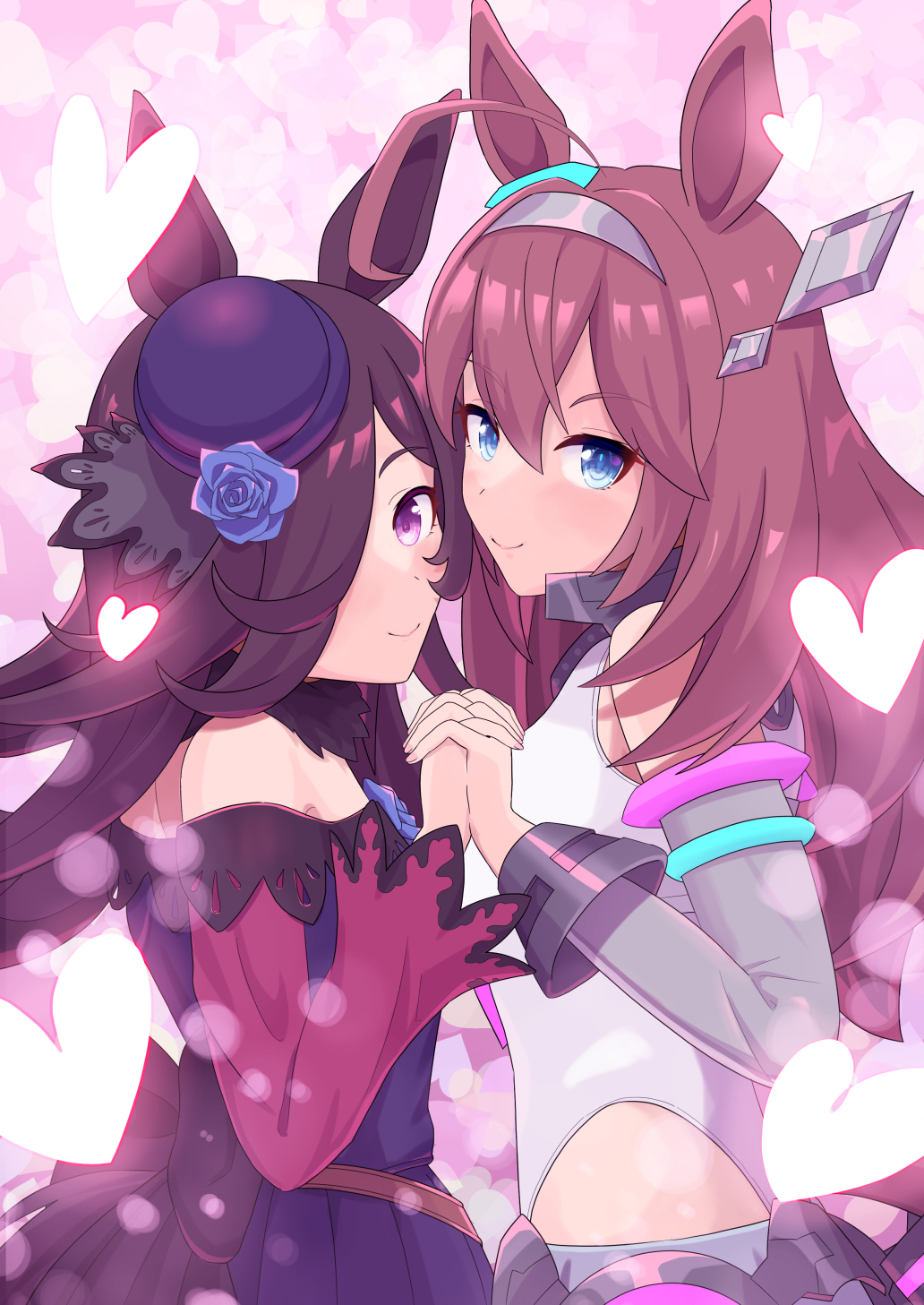 2girls ahoge animal_ears black_hair blue_dress blue_eyes blue_flower blue_headwear blue_rose bow brown_hair detached_sleeves dress dress_bow flower from_side hair_between_eyes hair_over_one_eye hat hat_flower highres holding_hands horse_ears horse_girl long_hair looking_at_viewer mihono_bourbon_(umamusume) multiple_girls off-shoulder_dress off_shoulder purple_eyes rice_shower_(umamusume) rose short_dress smile tilted_headwear umamusume upper_body yukke_jan