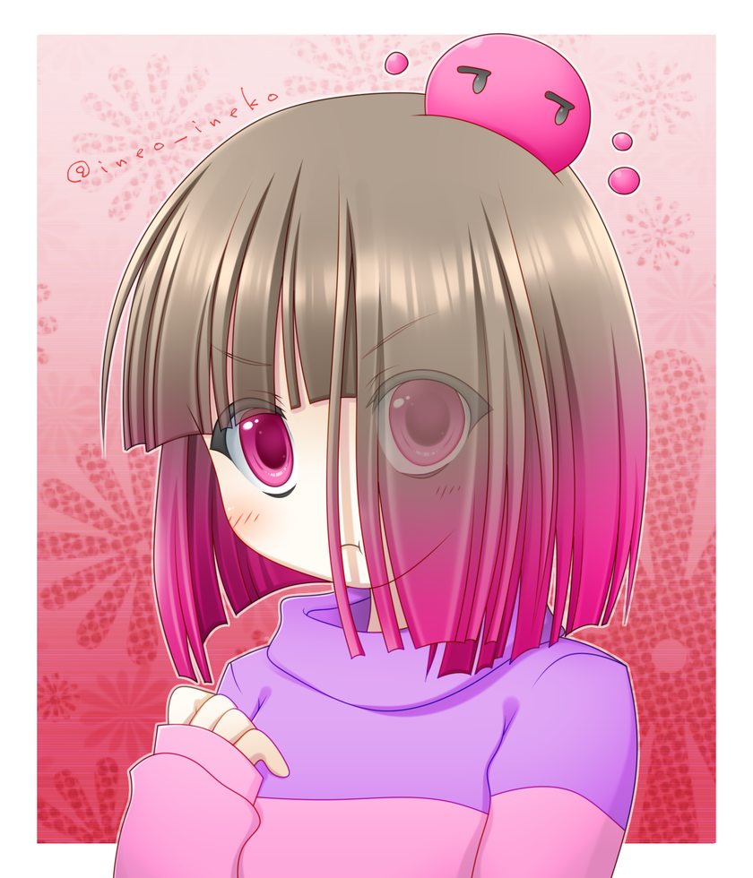 akumu_(glitchtale) bete_noire glitchtale pink_background pink_eyes pink_hair pink_shirt pink_sweater purple_shirt purple_sweater red_eyes shirt short_hair sweater undertale white_background