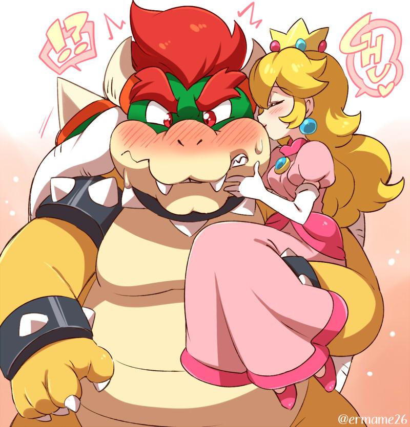 1boy 1girl blonde_hair blush bowser carrying carrying_person crown eromame hetero holding kiss kissing_cheek looking_at_viewer mario_(series) nintendo princess princess_peach spiked_shell sweat turtle_shell