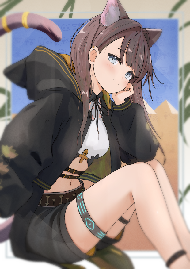 1girl animal_ears ankh arknights belt black_jacket black_shorts blurry brown_belt brown_hair brown_tail closed_mouth commentary ear_piercing feet_out_of_frame grey_eyes hair_behind_ear hair_intakes head_rest hieroglyphics hood hood_down hooded_jacket jacket jewelry knees_up long_hair long_sleeves looking_at_viewer midriff navel open_clothes open_jacket pepe_(arknights) piercing shorts sitting smile solo sora_mame_(princess_0sora) split_mouth symbol-only_commentary tail tail_ornament tail_raised tail_ring thighlet