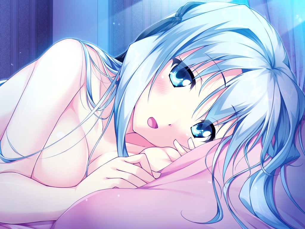 1girl bed blue_eyes blush breasts close collarbone erect! game_cg long_hair lunastia_asteel night nude piromizu ribbon silver_hair