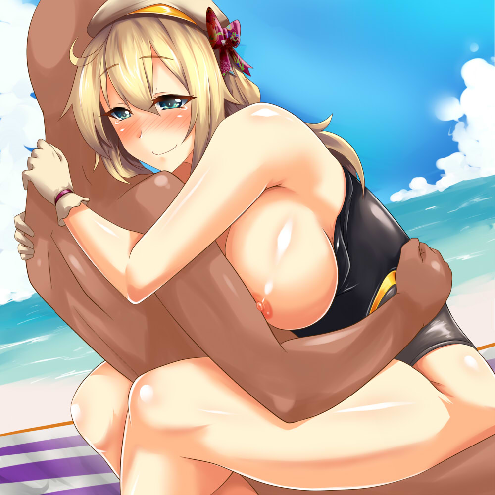 1boy 1girl bald beach blonde_hair blue_eyes blush breast_on_chest breast_press breasts breasts_out dark-skinned_male dark_skin gloves hair_ornament huge_breasts long_hair luis_almeida_(sengoku_bushouki_muramasa) nipples ocean one-piece_swimsuit outdoors sap sengoku_bushouki_muramasa sitting summer swimsuit tears