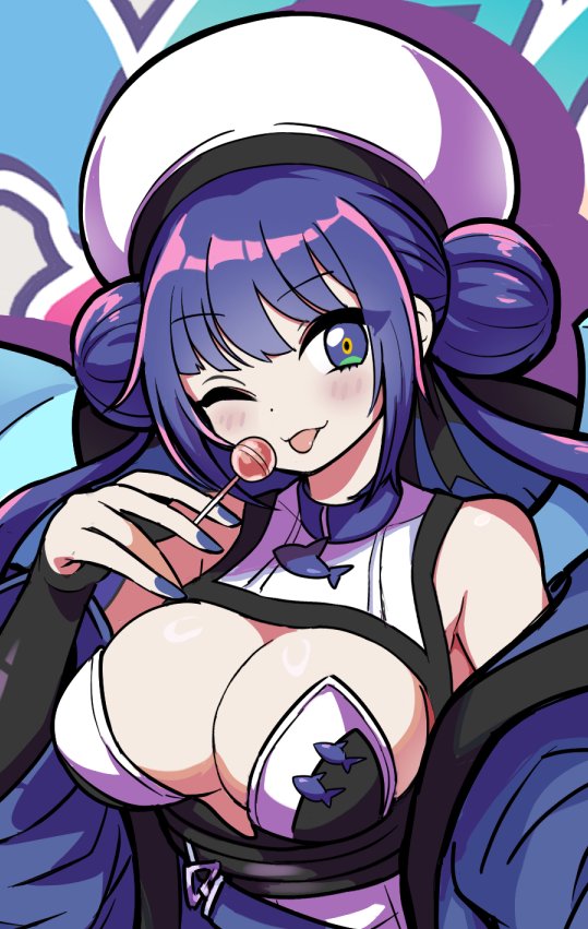 1girl blue_hair blue_jacket breasts candy chest_belt cleavage cosplay cowboy_shot demon_wings double_bun duel_monster evil_twin_lil-la food hair_bun hat jacket large_breasts lil-la_(yu-gi-oh!) live_twin_lil-la live_twin_lil-la_(cosplay) lollipop looking_at_viewer one_eye_closed open_mouth purple_eyes short_hair smile thighhighs wadatsumi_(sense11531153) white_background wings yu-gi-oh!