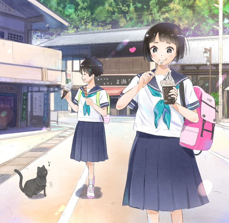 2girls bag black_eyes black_hair blunt_bangs building cat closed_eyes day eating food holding ice_cream lamppost multiple_girls original outdoors pleated_skirt school_uniform serafuku short_hair skirt smile standing taka_(tsmix) tree