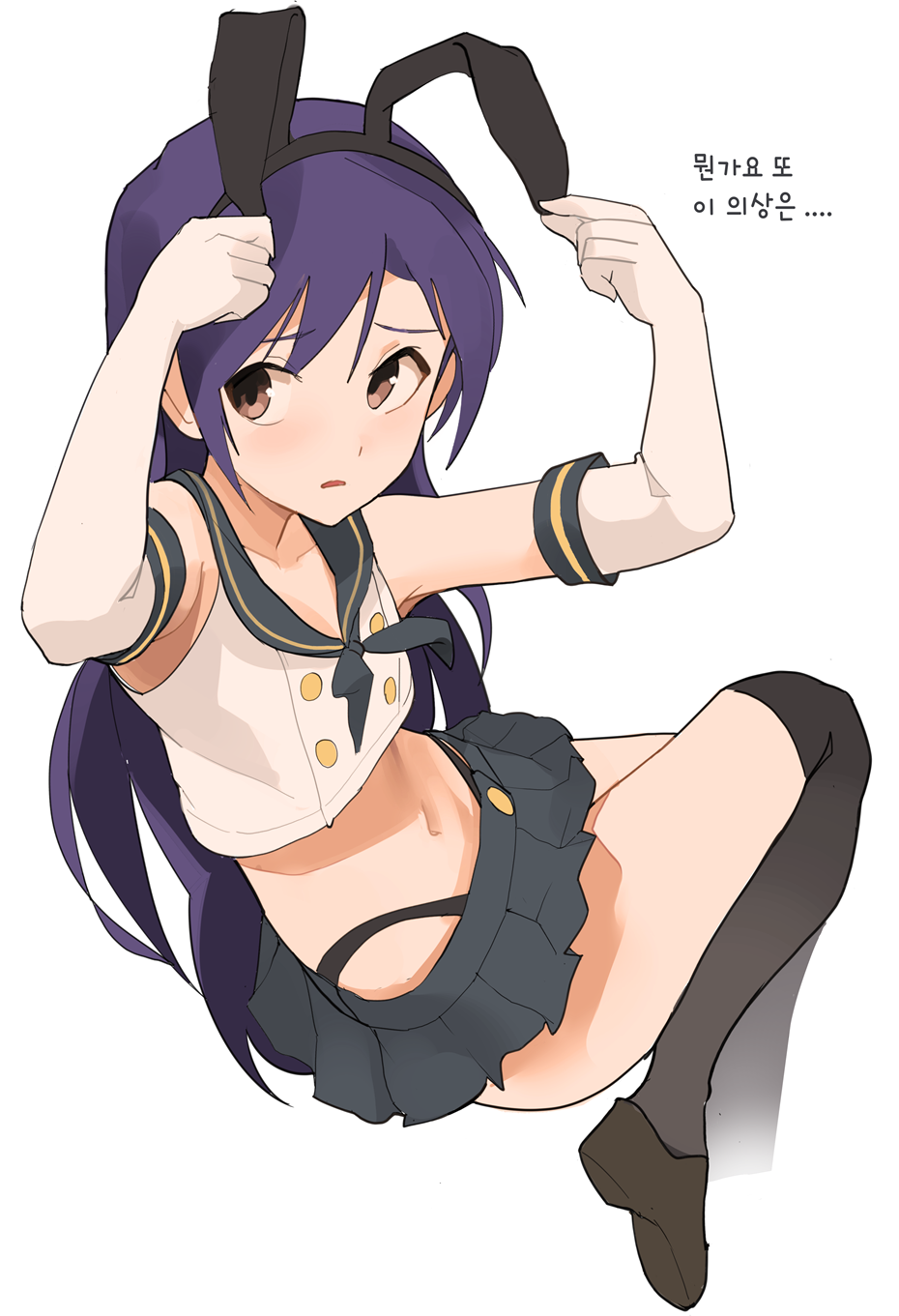 1girl animal_ears black_hairband black_panties black_socks blue_hair blue_sailor_collar blush brown_eyes buttons ch2haya_p cosplay crop_top elbow_gloves fake_animal_ears gloves hair_between_eyes hairband highleg highleg_panties highres idolmaster idolmaster_(classic) kisaragi_chihaya kneehighs kneeling korean_text long_hair looking_to_the_side microskirt navel neckerchief open_mouth panties pleated_skirt rabbit_ears sailor_collar shimakaze_(kancolle) shimakaze_(kancolle)_(cosplay) shoes simple_background skirt socks solo stomach underwear white_background white_gloves