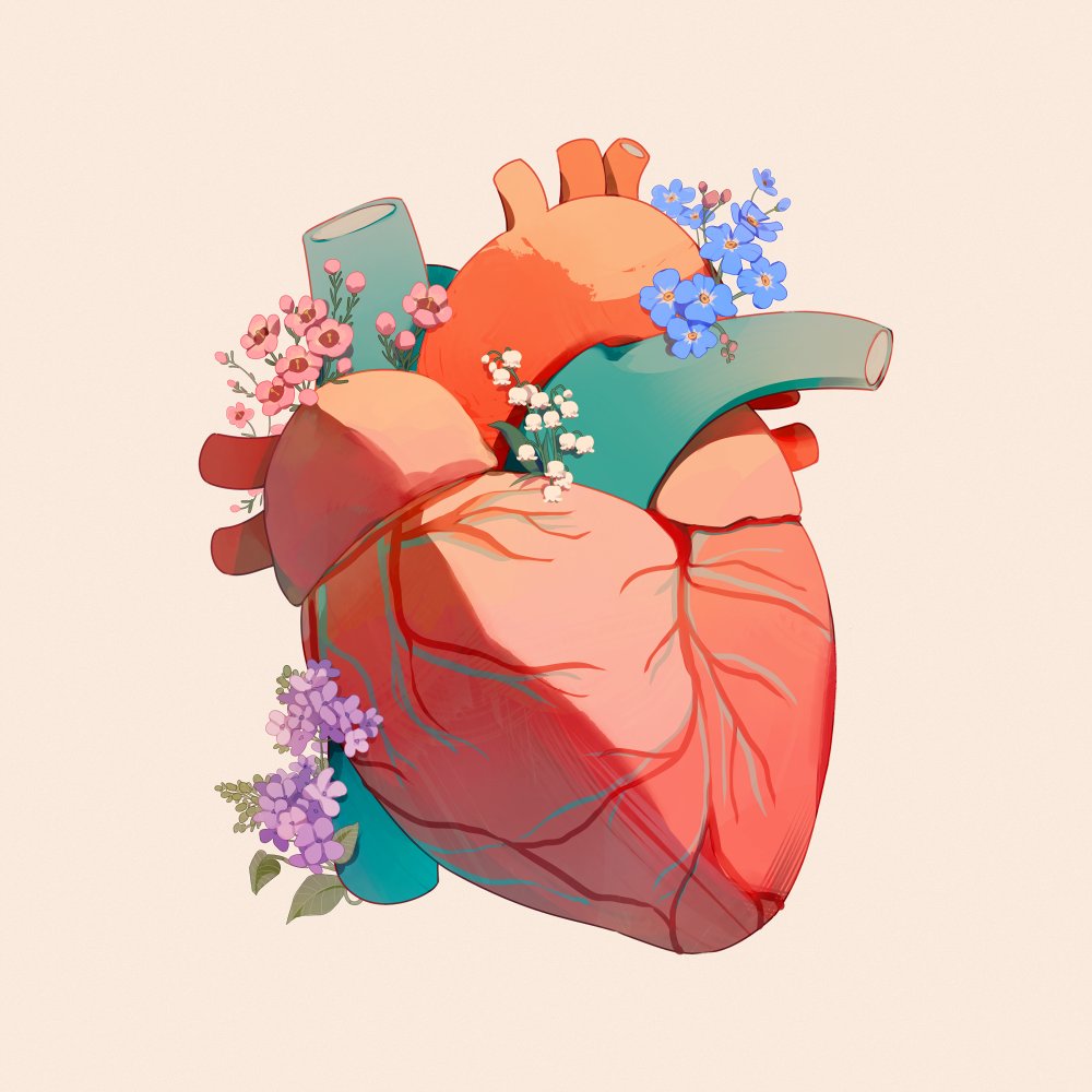 anatomy beige_background blue_flower flower forget-me-not_(flower) heart_(organ) jauni_(tofublock) lilac lily_of_the_valley no_humans original pink_flower plant purple_flower simple_background textless_version veins waxflower