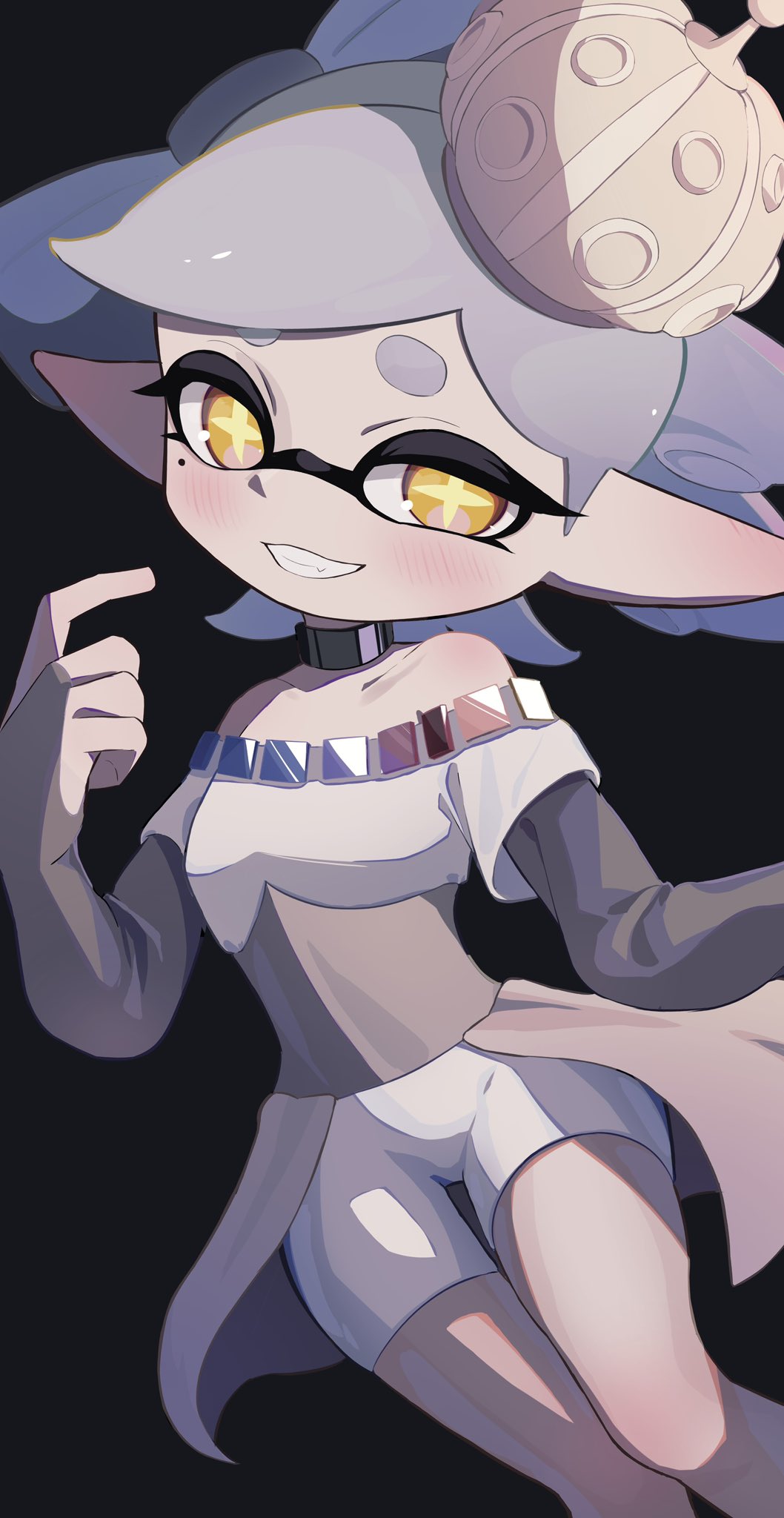 1girl bare_shoulders black_background black_choker blush bow-shaped_hair choker collarbone commentary cross-shaped_pupils grey_hair grin hat highres inkling layered_sleeves long_sleeves looking_at_viewer marie_(splatoon) medium_hair mole mole_under_eye mozu525 nintendo off-shoulder_shirt off_shoulder official_alternate_costume orange_eyes overskirt pointy_ears shirt short_over_long_sleeves short_sleeves shorts simple_background smile solo splatoon_(series) splatoon_3 swept_bangs symbol-only_commentary symbol-shaped_pupils tentacle_hair thick_eyebrows tilted_headwear white_hat white_shirt white_shorts yellow_pupils