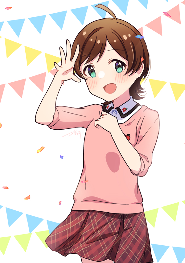 1girl :d ahoge apple_print blush breasts brown_hair collared_shirt confetti cowboy_shot dot_nose flipped_hair green_eyes idolmaster idolmaster_million_live! idolmaster_million_live!_theater_days kinoshita_hinata koma_tori looking_at_viewer open_hand open_mouth parted_bangs pink_shirt plaid_clothes plaid_skirt red_skirt shirt short_hair sidelocks signature skirt small_breasts smile solo string_of_flags