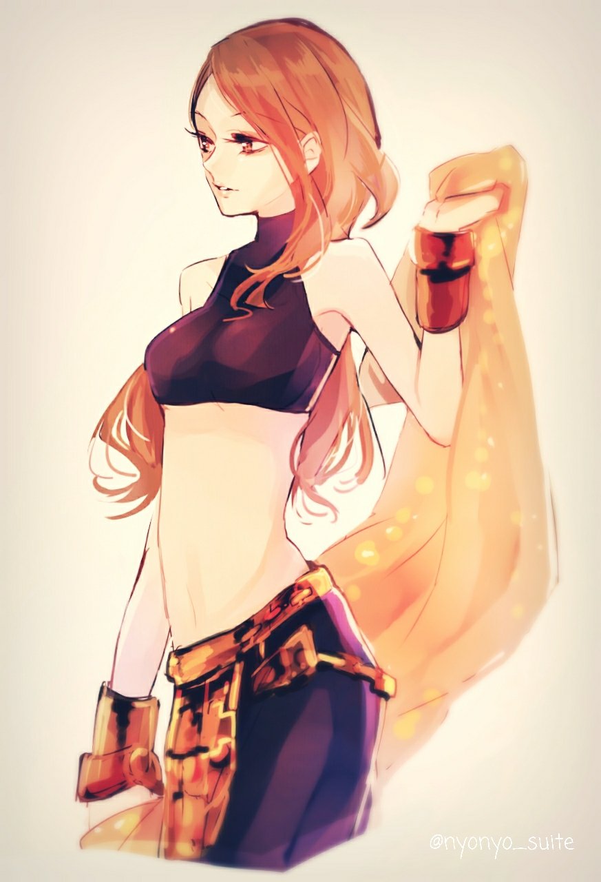 1girl bad_id bad_twitter_id breasts brown_background brown_eyes celia crop_top dancer final_fantasy final_fantasy_tactics highres long_hair medium_breasts midriff navel nyonyo_suite orange_hair sideboob smile solo twitter_username upper_body