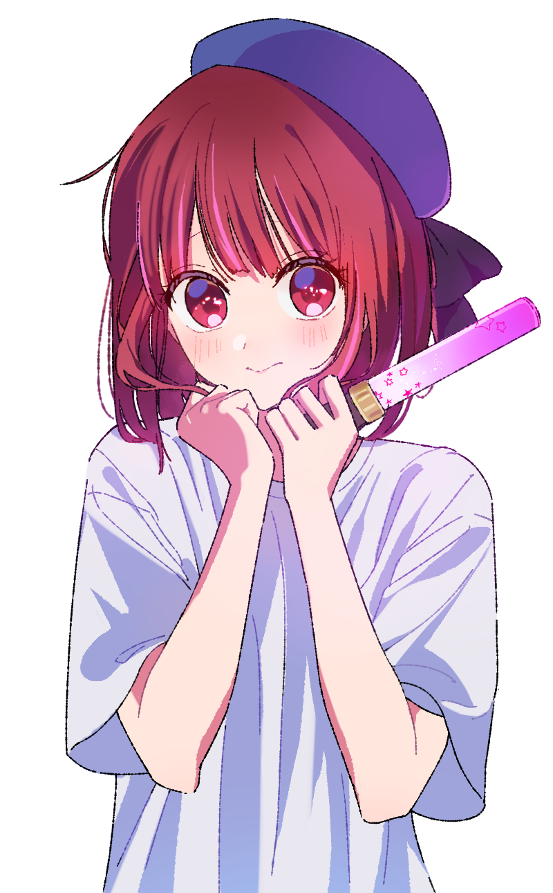 1girl arima_kana beret blue_hat blush closed_mouth commentary glowstick hands_up hat highres holding holding_glowstick oshi_no_ko penlight_(glowstick) red_eyes red_hair shirt short_hair short_sleeves simple_background solo white_background white_shirt yamabukiyuki