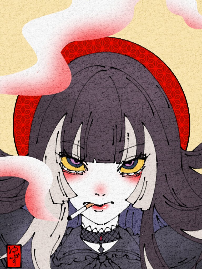 1girl black_eyeliner black_hair blue_eyes cigarette colored_skin eyeliner gothic_lolita grey_hair hololive hololive_dev_is juufuutei_raden juufuutei_raden_(1st_costume) lolita_fashion long_hair looking_at_viewer makeup multicolored_hair purple_eyes red_circle smoke smoking solo streaked_hair upper_body virtual_youtuber white_skin yellow_background yuzuhito_(kwazukin)