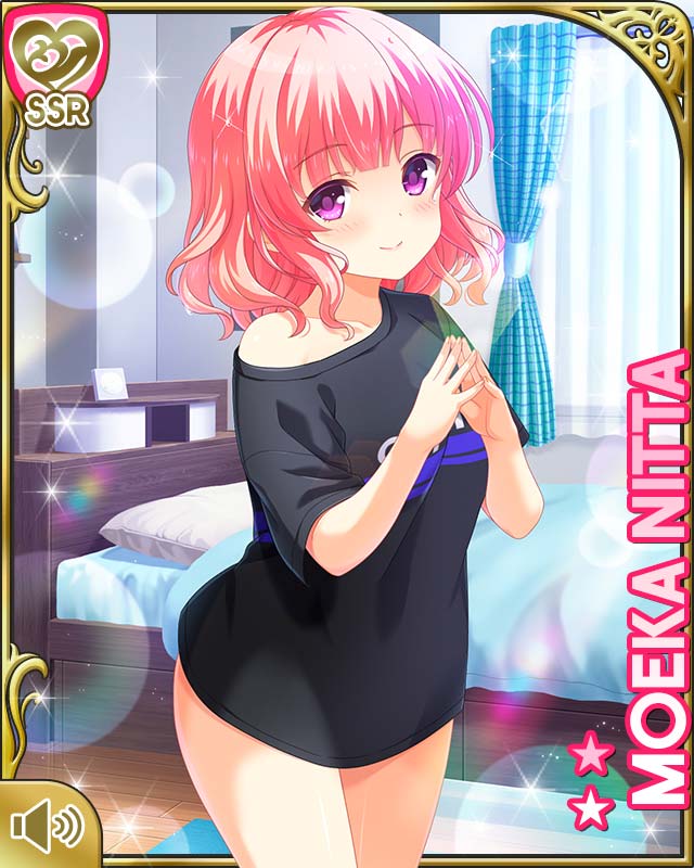 1girl bare_legs barefoot bedroom black_shirt bottomless character_name closed_mouth day girlfriend_(kari) indoors looking_at_viewer nitta_moeka official_art pink_hair purple_eyes qp:flapper shirt short_hair smile solo standing t-shirt tagme