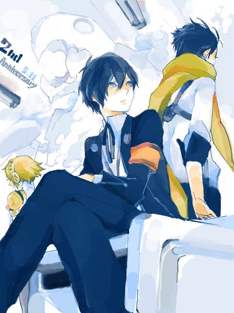 1girl 2boys aegis_(persona) android armband atlus back-to-back black_hair blonde_hair blue_eyes blue_hair cosplay desk headphones mochizuki_ryouji multiple_boys persona persona_3 scarf school_uniform sitting suspenders thanatos_(persona) yuuki_makoto_(cosplay) yuuki_makoto_(persona_3)