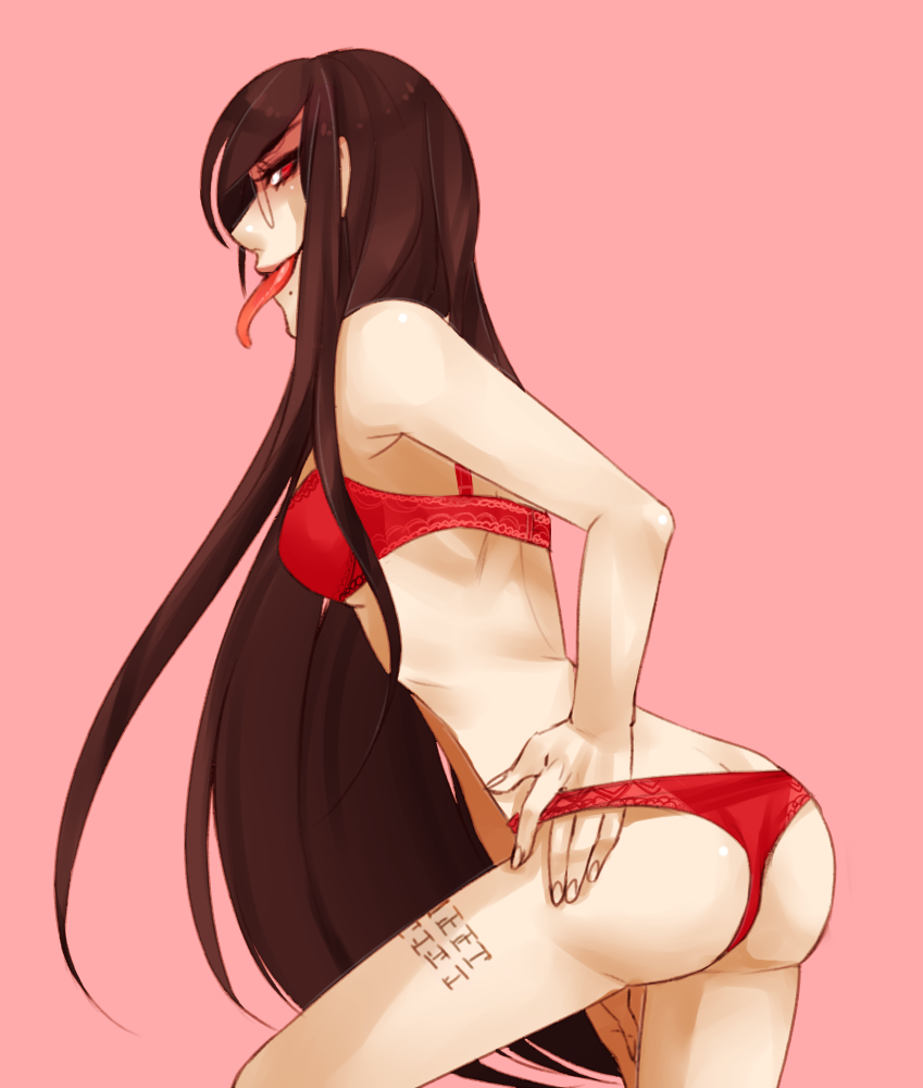 10s 1girl ass bad_anatomy bad_id bad_tumblr_id black_hair body_writing bra breasts brown_hair butt_crack danganronpa:_trigger_happy_havoc danganronpa_(series) female_focus fukawa_toko genocider_shou glasses lips long_hair long_tongue looking_back mole mole_under_mouth naughty_face panties panty_pull poorly_drawn red_bra red_eyes red_panties small_breasts solo tally thong tongue tongue_out underwear underwear_only very_long_hair yatayo