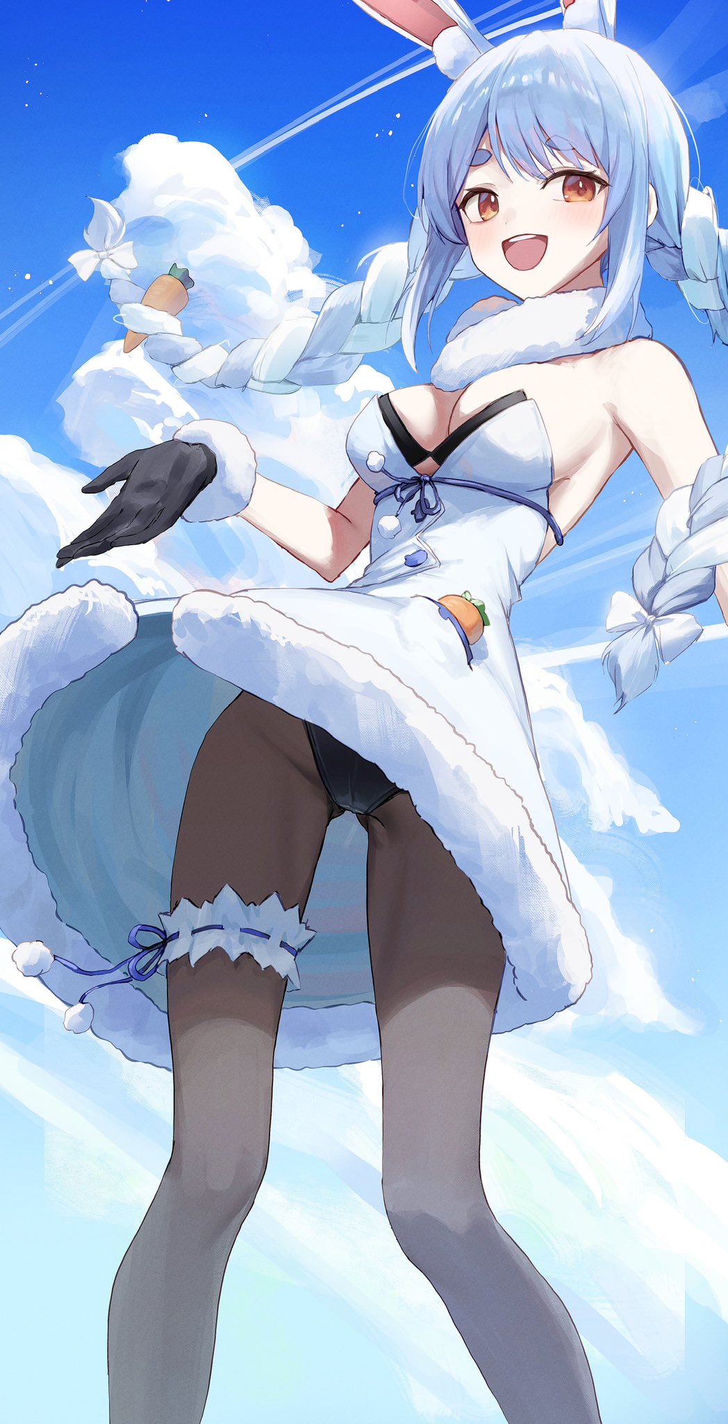 1girl animal_ears bare_shoulders black_gloves black_leotard blue_hair blue_sky blush braid braided_ponytail breasts brown_pantyhose carrot_hair_ornament clear_sky cleavage cloud cowboy_shot day dress food-themed_hair_ornament from_below gloves hair_ornament highres hololive huhi_(huhi_1211) jewelry leotard leotard_peek light_particles looking_at_viewer medium_breasts open_mouth outdoors pantyhose rabbit_ears red_eyes sky smile solo standing teeth thick_eyebrows thighlet upper_teeth_only upskirt usada_pekora usada_pekora_(1st_costume) virtual_youtuber white_dress